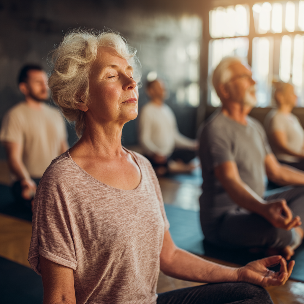 Group of older adults practicing meditation and breathing exercises in serene yoga studio